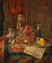Een weelderige stilleven met een glas champagne en een majolica-olielamp - Josef Mansfeld — weergave van het kunstwerk