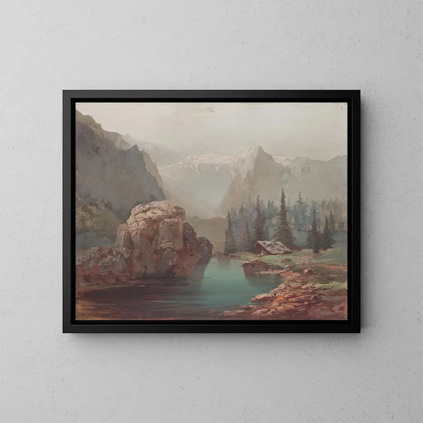 Mountain landscape painting with lake - Josef Navrátil — framed artwork on a wall