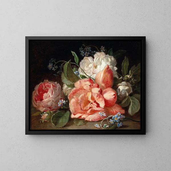 a bouquet of flowers with roses and forget-me-nots - Josef Neugebauer — framed artwork on a wall