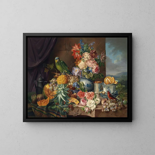 Still life with fruits, flowers, and parrot - Josef Schuster — framed artwork on a wall