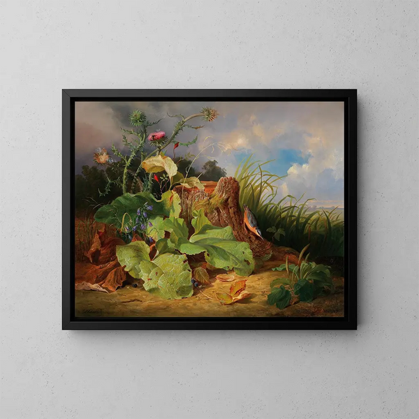 Nature morte with thistles, bellflowers, rose hips, and a tit - Josef Schuster — framed artwork on a wall