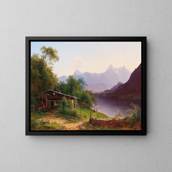 Vue sur le lac Zell avec le Steinernes Meer et le château de Prielau en arrière-plan - Josef Schwemminger — framed artwork on a wall