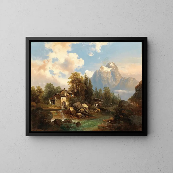 a mountain river mill with the Dachstein massif in the background - Josef Thoma — framed artwork on a wall