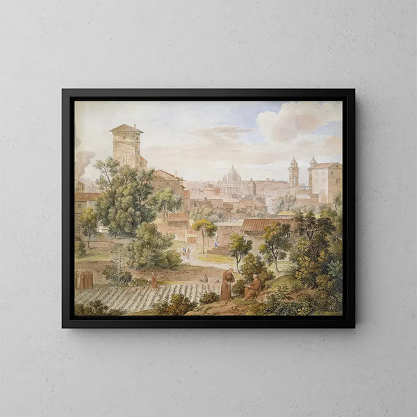 View of the San Isidoro Monastery over Saint Peter's in Rome - Joseph Anton Koch — framed artwork on a wall