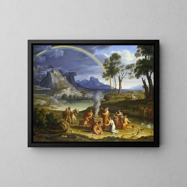 Landscape painting with Noah offering a gratitude sacrifice - Joseph Anton Koch — framed artwork on a wall