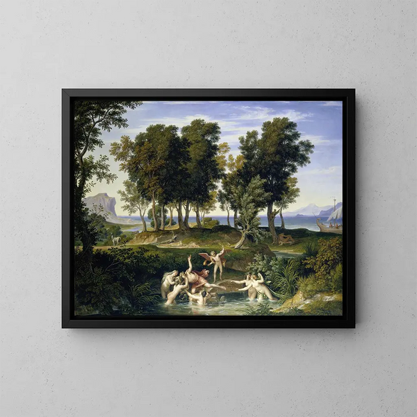 Landscape with the Rape of Hylas - Joseph Anton Koch — framed artwork on a wall
