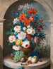 Een stilleven van bloemen in de stijl van de Nederlandse kunstenaars uit de zeventiende eeuw De kathedraal Saint-Étienne op de achtergrond - Joseph August Satory — weergave van het kunstwerk