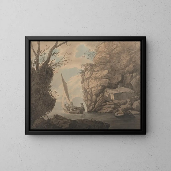 a sailing boat with three men leaving a rocky cove - Joseph Farington — framed artwork on a wall