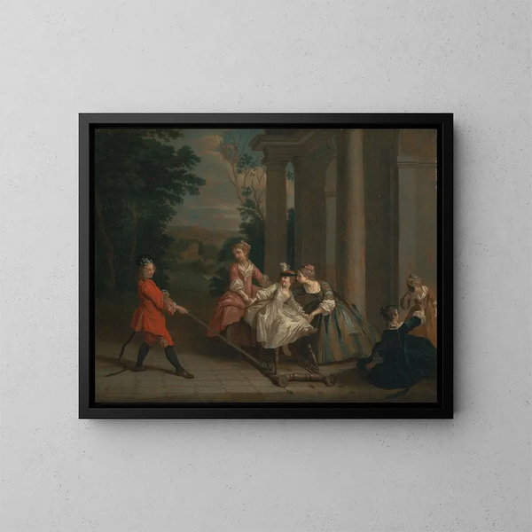 Children playing with a rocking horse - Joseph Francis Nollekens — framed artwork on a wall