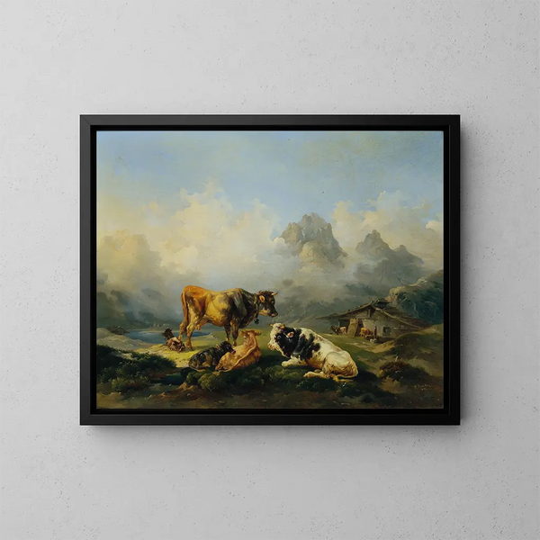Alpine pasture with cattle - Joseph Heicke — framed artwork on a wall