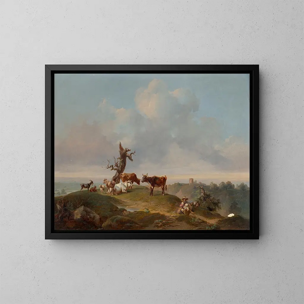 Chèvres et boucs dans le pré - Joseph Heicke — framed artwork on a wall