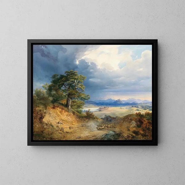 a Carpathian landscape with a shepherd and his livestock - Joseph Holzer — framed artwork on a wall
