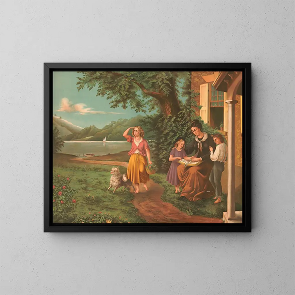 Mother and children reading the Bible - Joseph Hoover — framed artwork on a wall