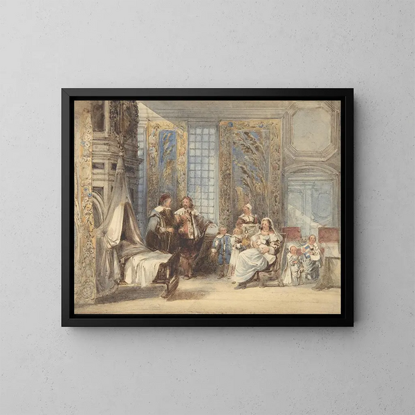 Scene of family and guest in a 17th-century interior - Joseph Nash — framed artwork on a wall