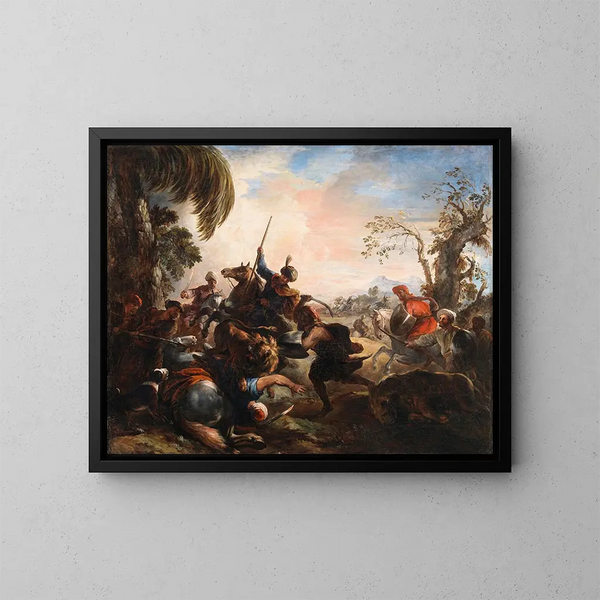 Lion Hunt - Joseph Parrocel — framed artwork on a wall