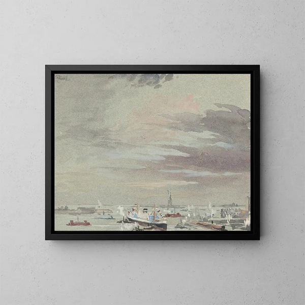 The Port and the Statue of Liberty - Joseph Pennell — framed artwork on a wall