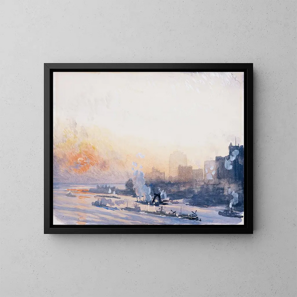 Winter Sunset in New York Harbor - Joseph Pennell — framed artwork on a wall
