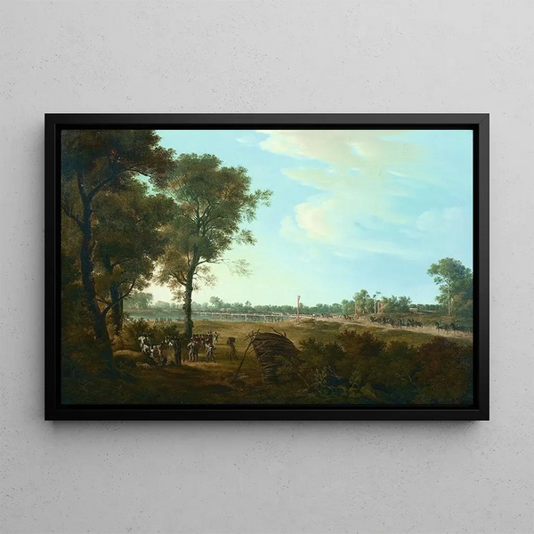 Scene of the Napoleonic Wars, the beginning of the bridgehead at Lobau - Joseph Rebell — framed artwork on a wall