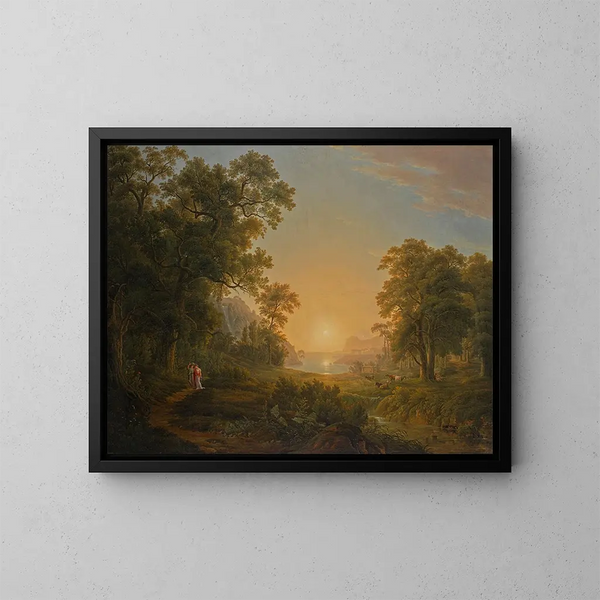 Forest landscape with sunrise - Joseph Rebell — framed artwork on a wall