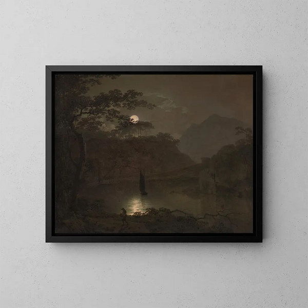 a Moonlit Lake - Joseph Wright of Derby — framed artwork on a wall