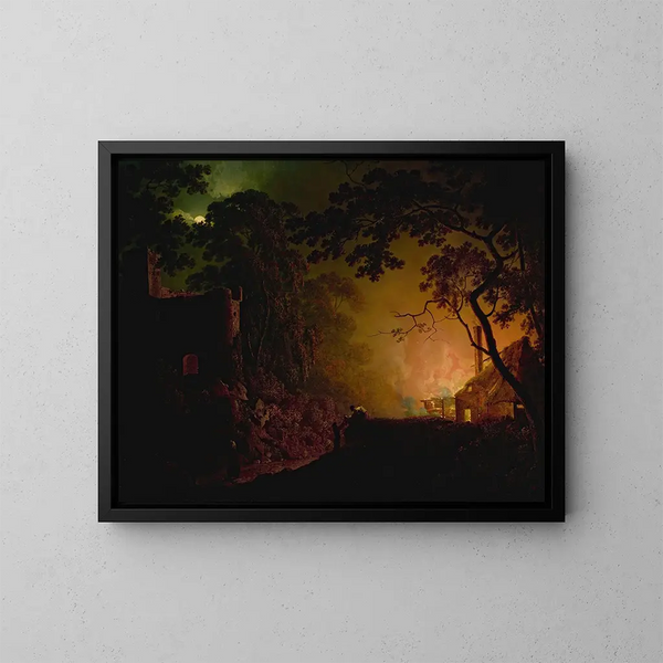 A cottage on fire at night - Joseph Wright of Derby — framed artwork on a wall