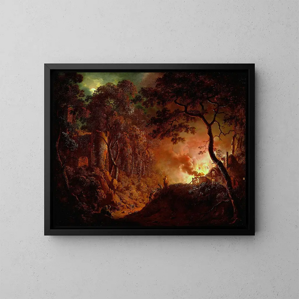 Cottage on Fire - Joseph Wright of Derby — framed artwork on a wall