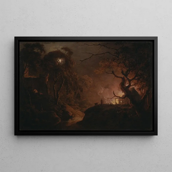 Joseph Wright of Derby - Cottage on fire at night.webp