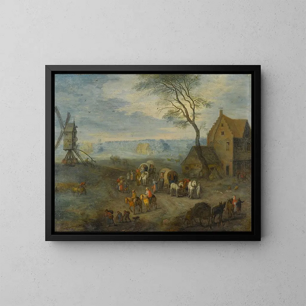 A village scene with travelers near a windmill - Joseph van Bredael — framed artwork on a wall