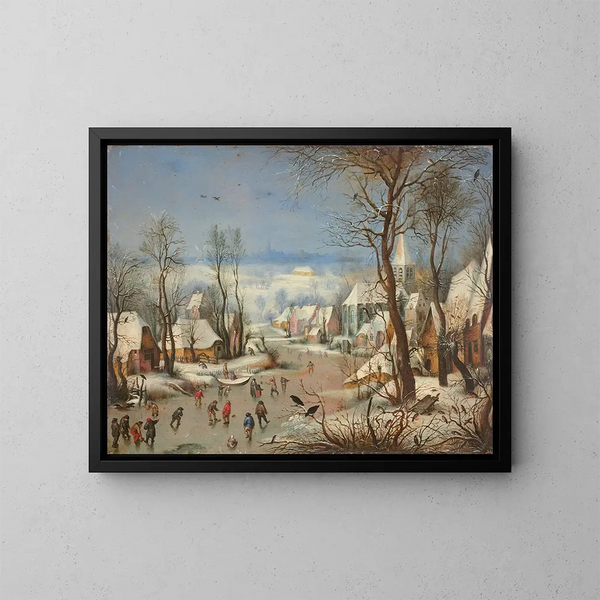 Winter landscape painting with bird trap after Pieter Brueghel - Joseph van Bredael — framed artwork on a wall