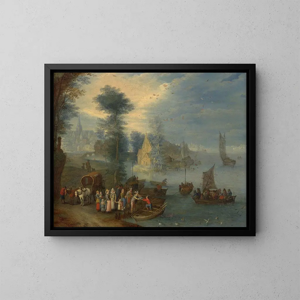 River landscape painting with figures - Joseph van Bredael — framed artwork on a wall
