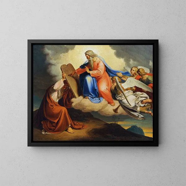 God writing the Ten Commandments on two stone tablets to Moses on Mount Sinai - Joseph von Führich — framed artwork on a wall