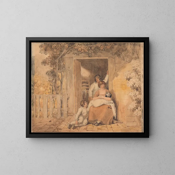 Family posed in front of a door - Joshua Cristall — framed artwork on a wall