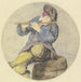 van een zittende fluitspeler op een ton - Cornelis Dusart — gepresenteerd in een interieur