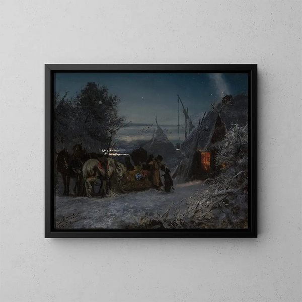 Sledge in front of a cabin at night - Józef Chełmoński — framed artwork on a wall