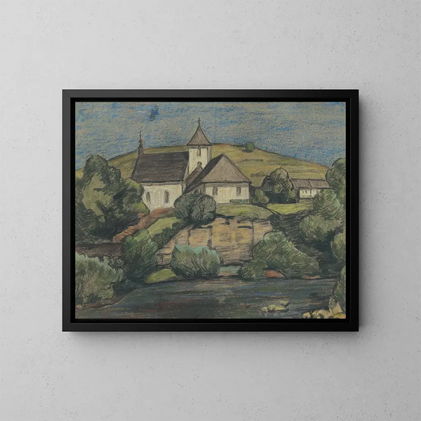 Uitzicht op de kerk - Jozef Hanula — ingelijst kunstwerk aan de muur