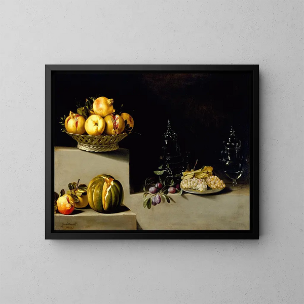 Still Life with Fruits and Glassware - Juan van der Hamen y León — framed artwork on a wall