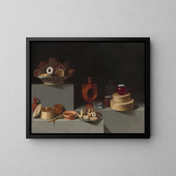 Still life with Sweets and Pottery - Juan van der Hamen y León — framed artwork on a wall