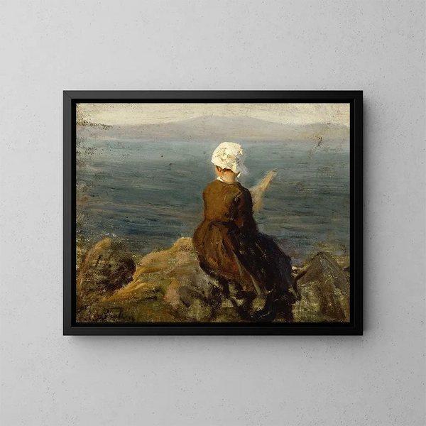 van een schilderij van een wever op de rotsen in Douarnenez - Jules Breton — ingelijst kunstwerk aan de muur