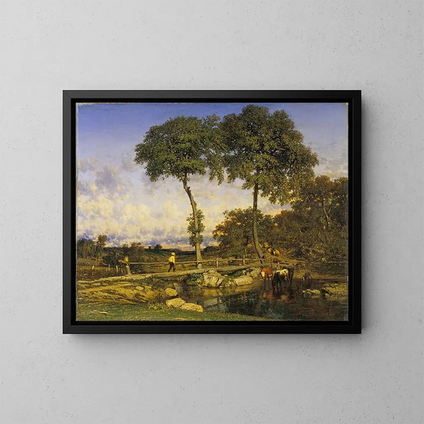 Crossing the Bridge - Jules Dupré — framed artwork on a wall