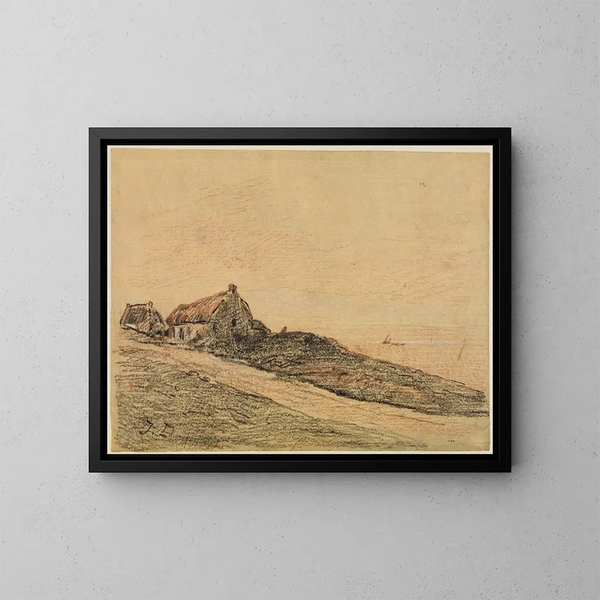 Coastal landscape painting in Cayeux with two cabins - Jules Dupré — framed artwork on a wall