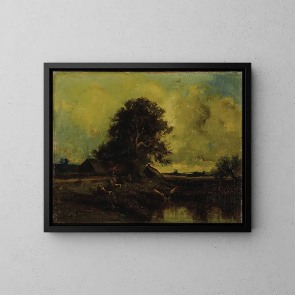 River landscape painting with a cottage - Jules Dupré — framed artwork on a wall