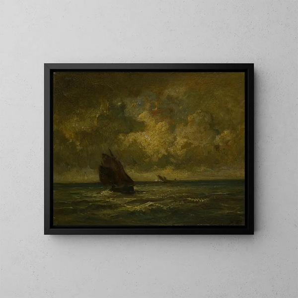 Two boats in a storm - Jules Dupré — framed artwork on a wall