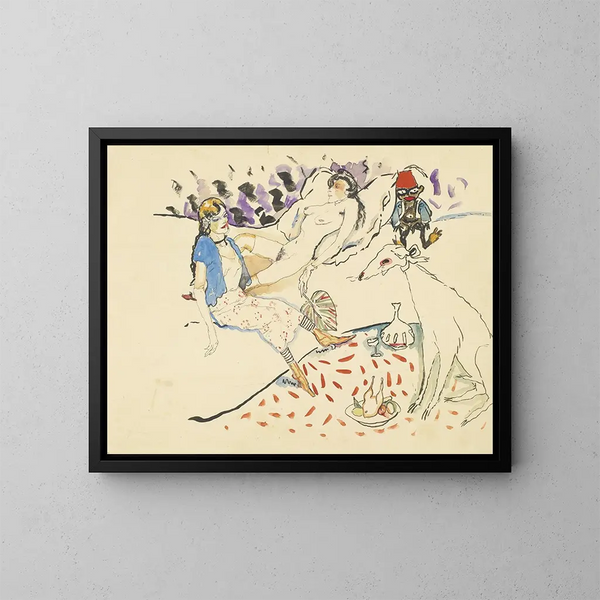 Vrouw met haar hond en naakt - Jules Pascin — ingelijst kunstwerk aan de muur