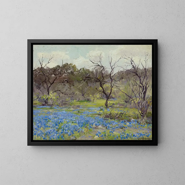 Early Spring Painting, Bluebonnets and Mesquite - Julian Onderdonk — framed artwork on a wall