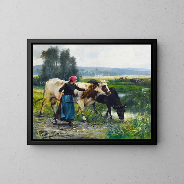 Young Peasant Woman with Two Cows - Julien Dupré — framed artwork on a wall