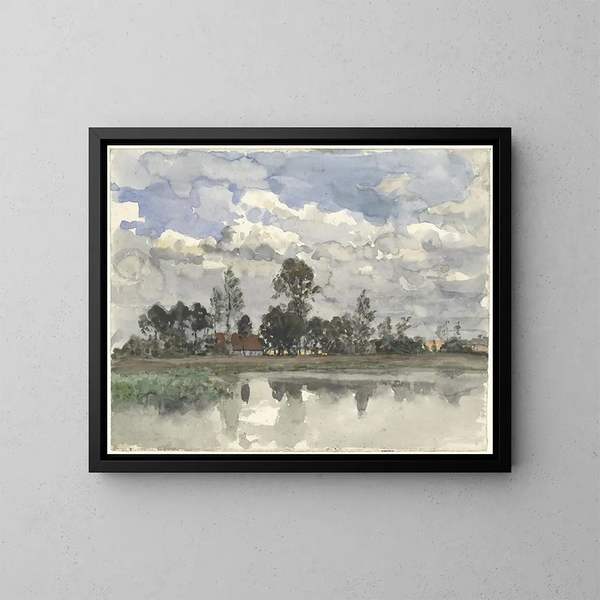Trees reflected in water under a cloudy sky - Julius Jacobus van de Sande Bakhuyzen — framed artwork on a wall