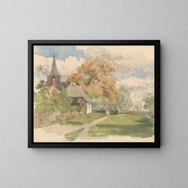 Erf near a village church - Julius Jacobus van de Sande Bakhuyzen — framed artwork on a wall