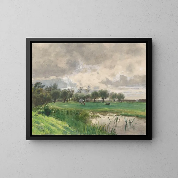 Cow grazing in a meadow - Julius Jacobus van de Sande Bakhuyzen — framed artwork on a wall
