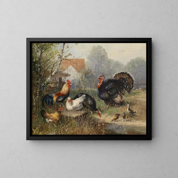 Poultry and a Turkey - Julius Scheuerer — framed artwork on a wall