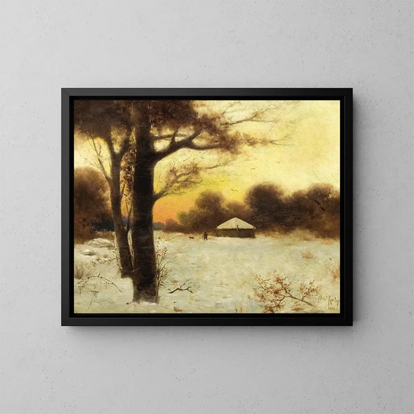 Winter Cottage Painting - Julius Sergius Klever — framed artwork on a wall